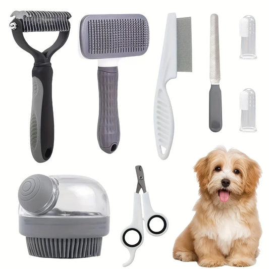 8pcs Dog Grooming Kit – Self-Cleaning Set with Nail Clippers & More