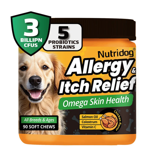 Dog Allergy & Itch Relief Supplement – 90 Chews with Omega-3, Vitamin C & Probiotics