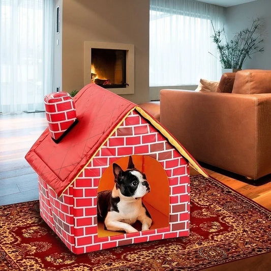 Foldable Brick Wall Style Kennel – Warm Portable Bed for Small Pets
