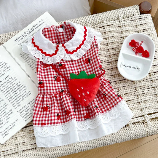 Strawberry Plaid Dog Dress – Cute Summer & Spring Apparel for Small Pets