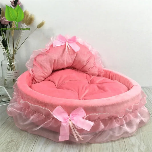 3D Fantasy Bow Lace Pet Bed – Romantic Oval Sofa for Dogs