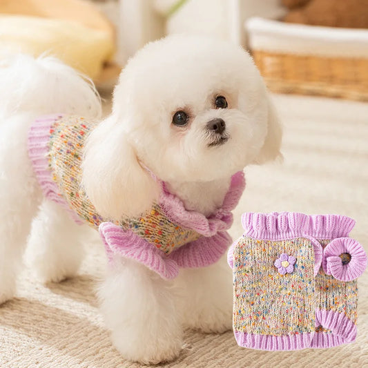 Floral Dot Pet Sweater – Cozy Autumn/Winter Wear for Small Dogs & Cats
